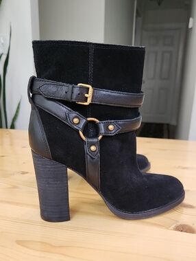 UGG Dandridge Suede Block High Heel Ankle Boots Harness Black 6